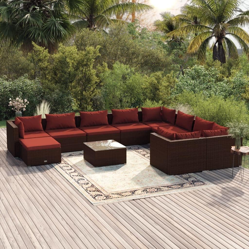 Patio Set 11 Piece Patio Lounge Set with Cushions Poly Rattan Brown