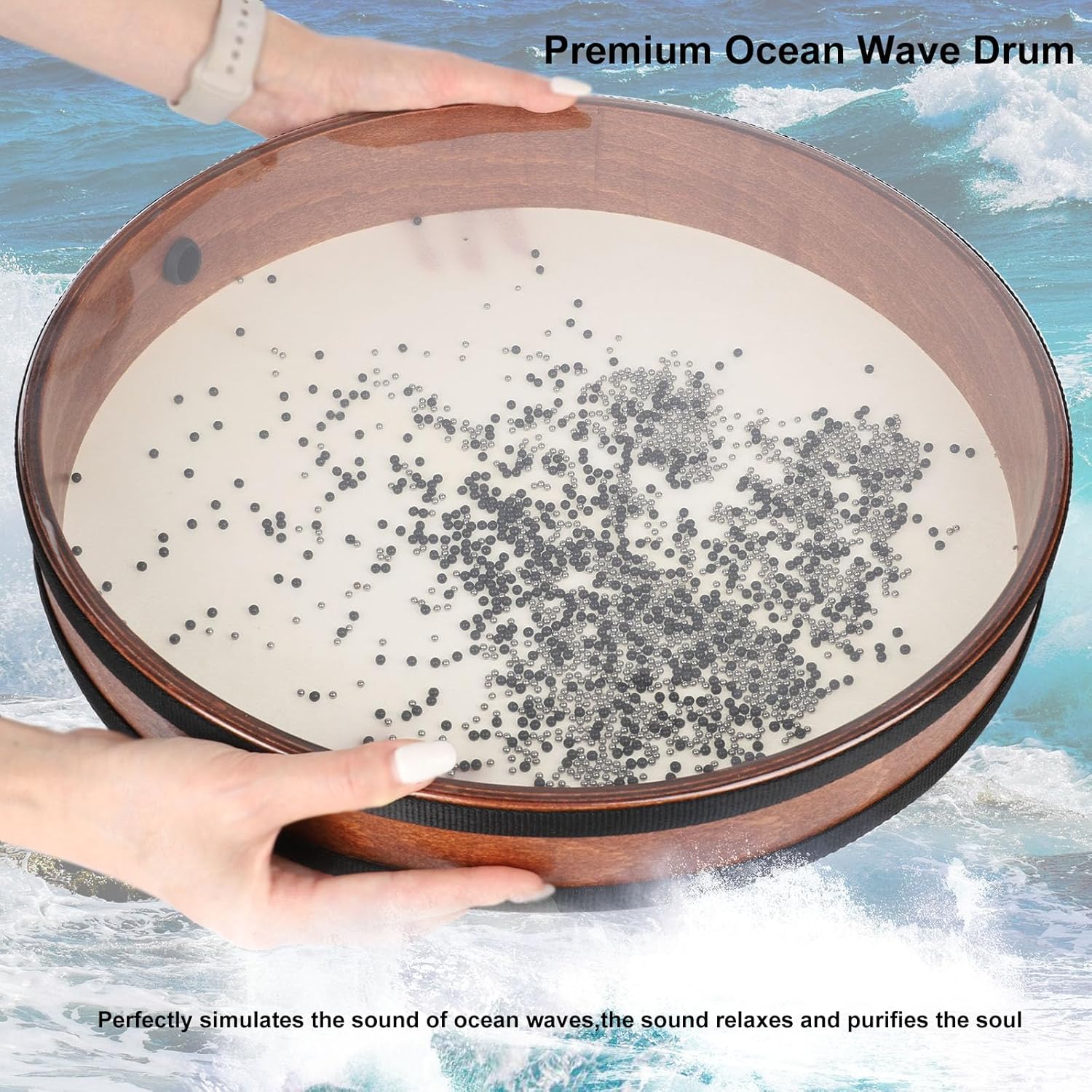 Ocean Drum 16 inch Large Size Sea Wave Drum with Goatskin Drumhead,Steel&Plastic Wave Bead,Bag, Sound Healing Instrument for Yoga Meditation Relaxation
