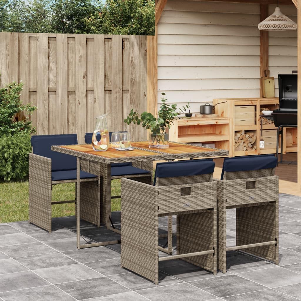 5 Piece Patio Dining Set with Cushions Gray Poly Rattan Garden Furniture