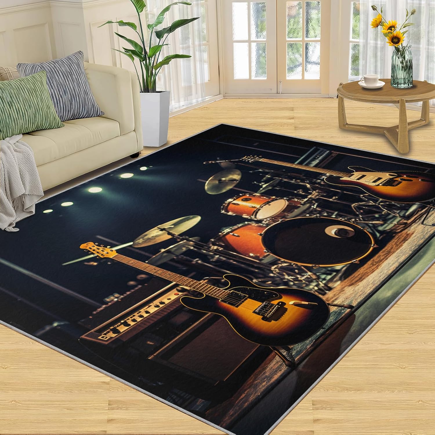 Large Area Rug 7x10 Rock Stage Rug, Instruments Rugs for Living Room, Guitar and Drum Beats Rug, Machine Washable Breathable Carpet for Bedroom Floor Decor Study Dining Room