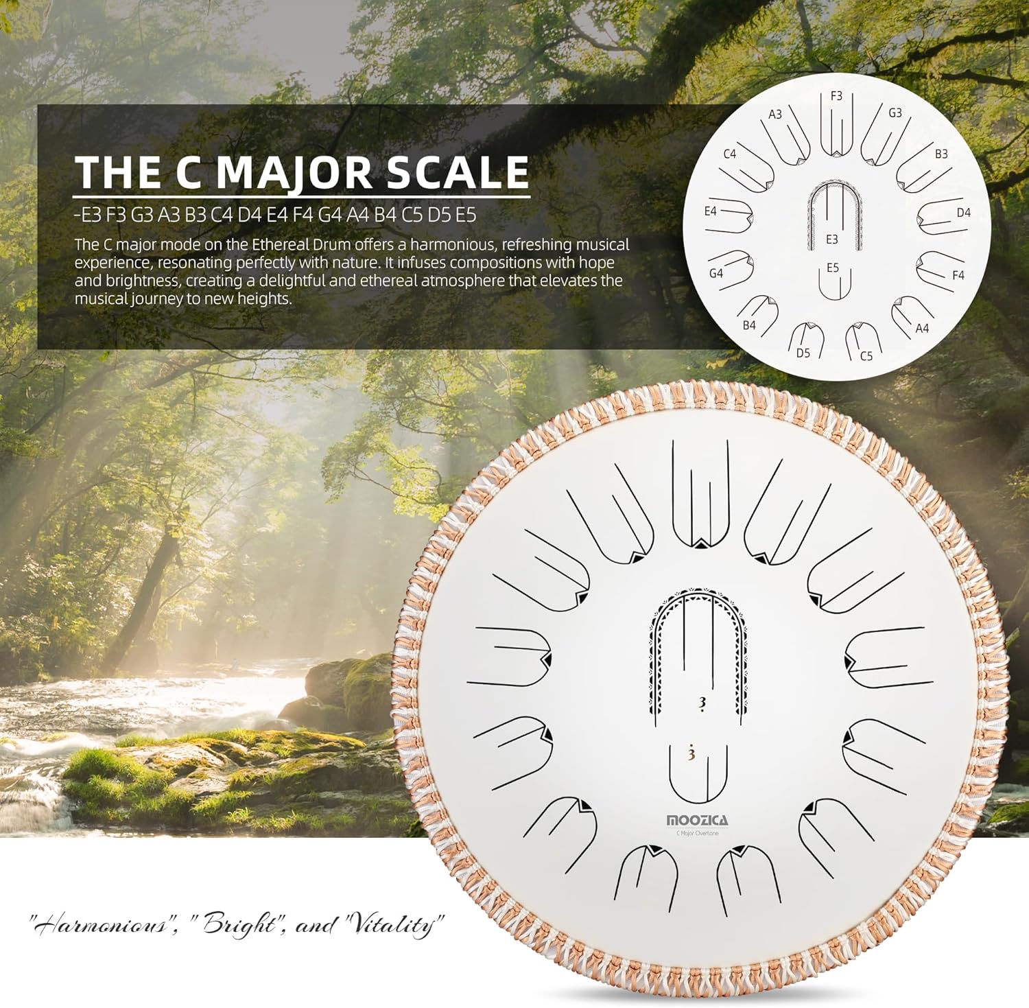 MOOZICA 15 Inch Steel Handpan Tongue Drum - 15 Notes in C Major 432hz Tongue Drum with Octave Overtone Design - Professional Percussion Instrument with Carrying Bag