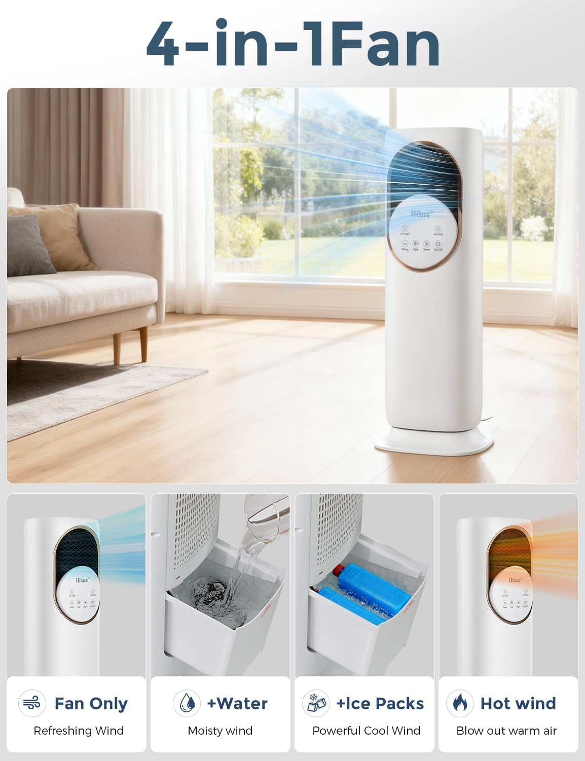 Hiluce Tower Fan and Heater Combo,Room Heater with Remote,26ft/s Quiet Bladeless Fans,180°Oscillating,2 Heating & 3 Cooling Speed, 4L Water Tank, 9H Timer, for Office, Large Room, Bedroom 32