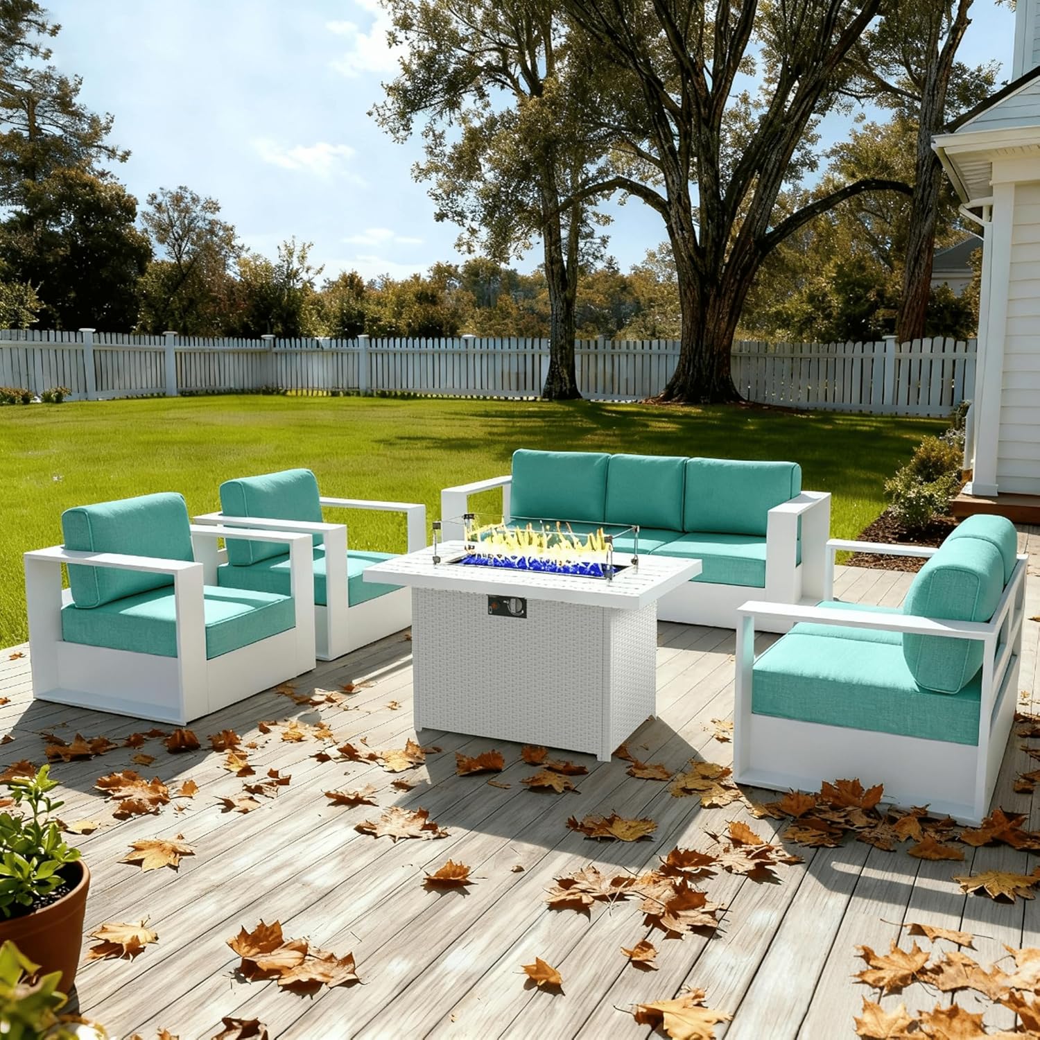 LayinSun Oversized Aluminum Outdoor Furniture Set, 5 Piece Patio Sofa Sets with Fire Pit Table, Deep Seating and Upgraded 6-inch Cushions for Porch, Balcony, Deck