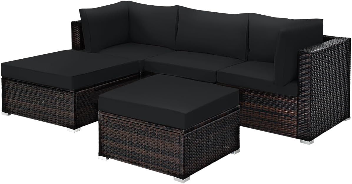 Tangkula 5 Piece Patio Rattan Furniture Set, Outdoor Sectional Rattan Sofa Set with Back & Seat Cushions, Wicker Conversation Set with Tempered Glass Table for Backyard Porch Poolside (Black)