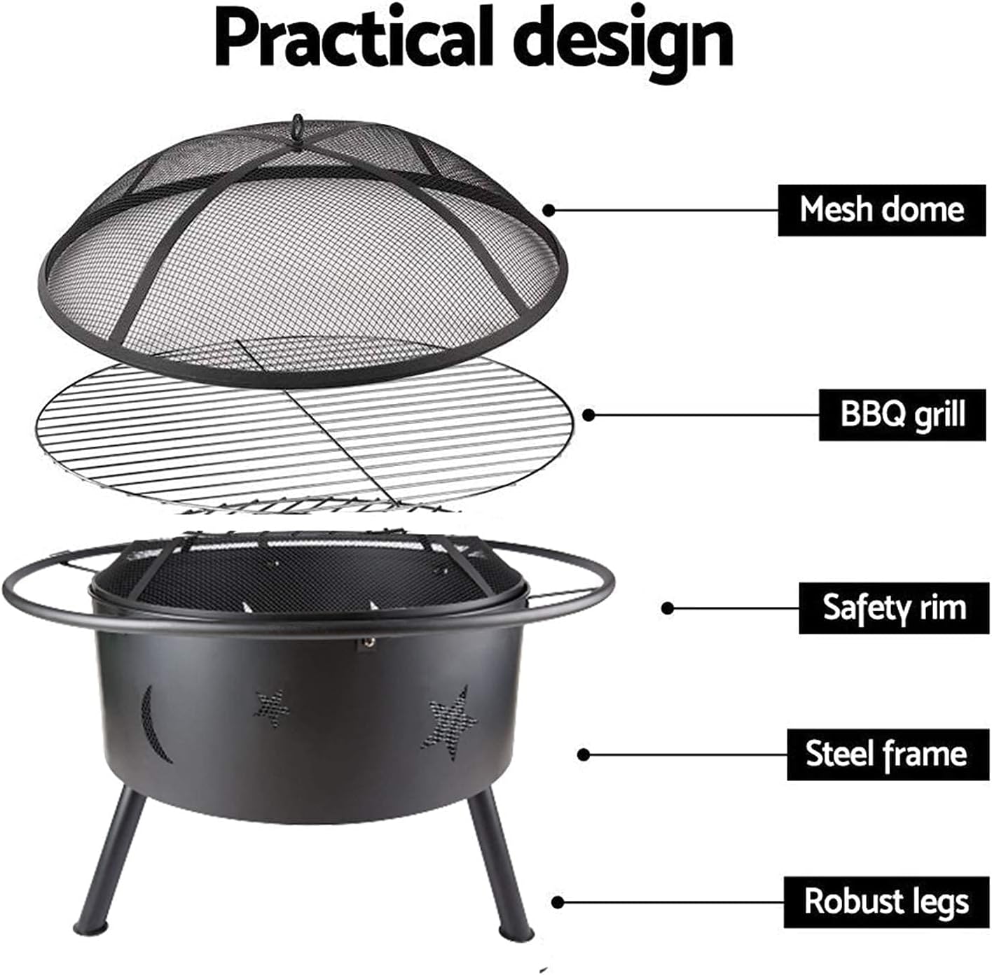 Small Firepit, Fire Pit for Outdoor Garden Patio with BBQ Grill Shelf Barbecue Brazier Fire Bowl with Spark Protection Mesh, Extra Includes Poker and Cover