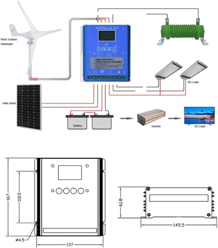 48V,HYZHANHONG 12V/24V/48V Wind Solar Hybrid Controller, Dual Input Solar+Wind Charge Controller with Overcharge/Overdischarge Protection for RV/Cabin 1000W-24V