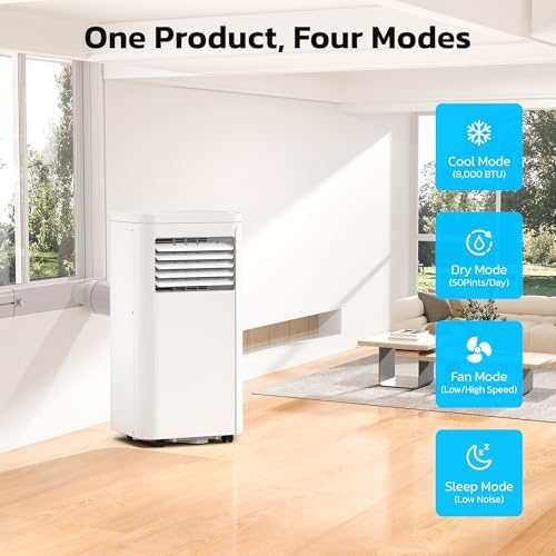 ZAFRO 8,000 BTU Portable Air Conditioners, 4 Modes Portable AC Unit Built-in Cool/Dehumidifier/Fan/Sleep, 24Hrs Timer, for Bedroom/Indoor Rooms, White