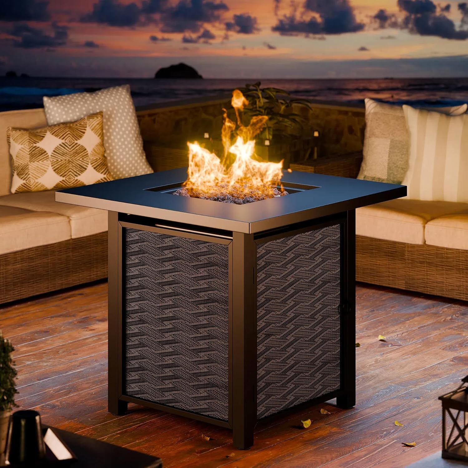 Vongrasig Propane Fire Pit, 28” Outdoor Gas Fire Pit, 50,000 BTU 2-in-1 Texteline Pattern Fire Table with Removable Lid for Outside Patio, Backyard, Garden, Square