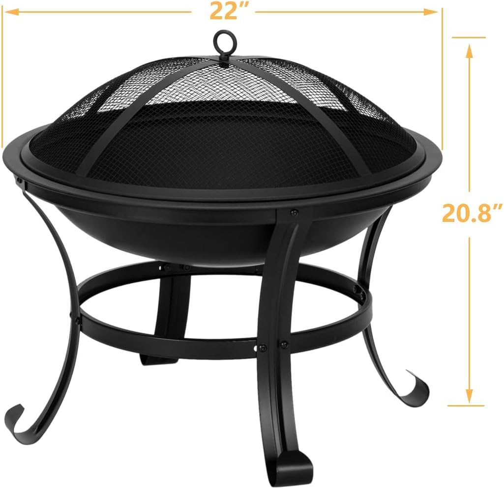 22 Inch Fire Pit, Wood Burning Fire Pits for Outdoor with Mesh Lid and Fire Picker, Durable Small Outside Fireplace for Bonfire, Backyard, Porch, Camping, Deck, Black