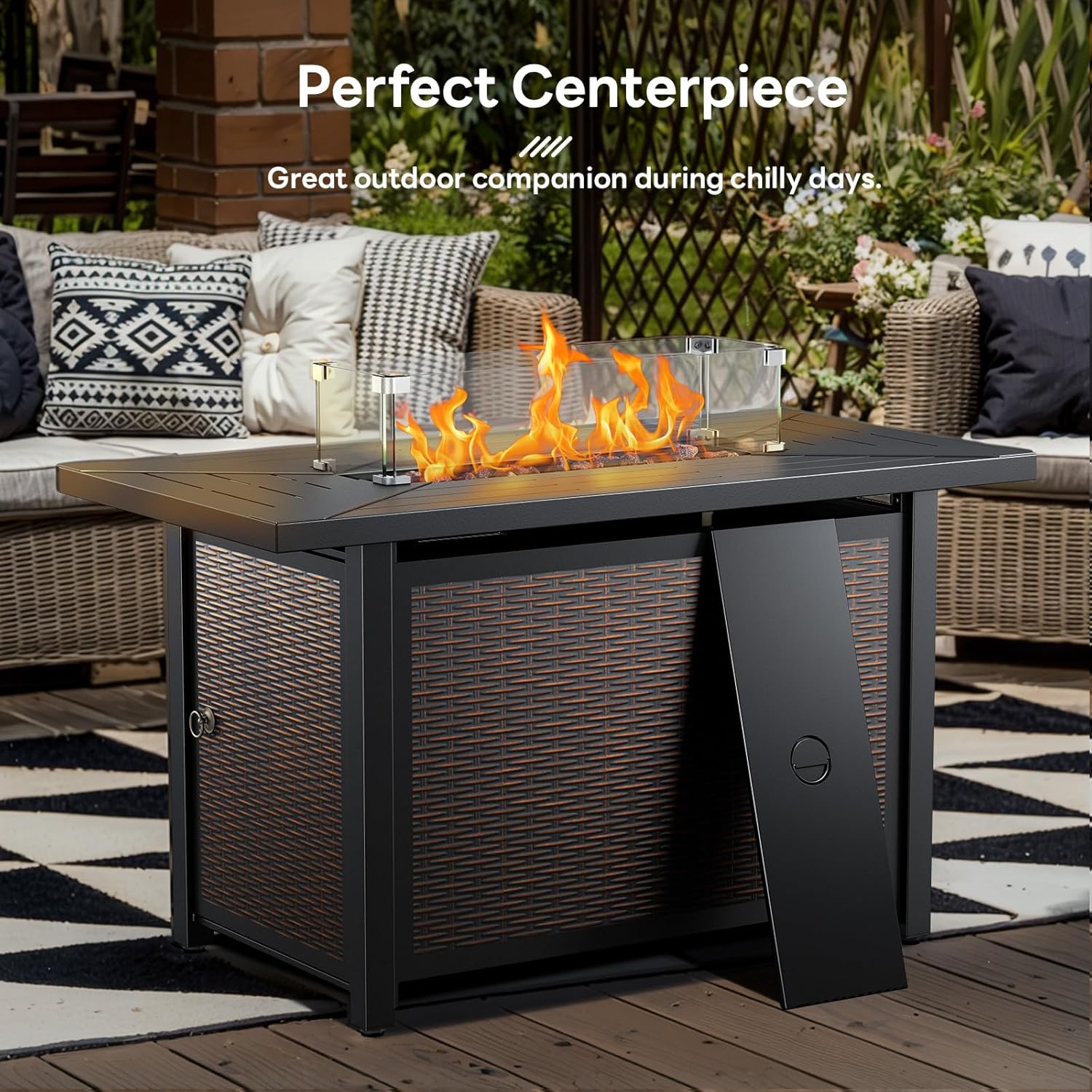 43 Inch Fire Pit Table, Propane Gas Fire Pit Table with 50,000 BTU, Outdoor Patio Firepit Table with Glass Wind Guard, Rectangle Fire Table for Patio, Deck, Backyard