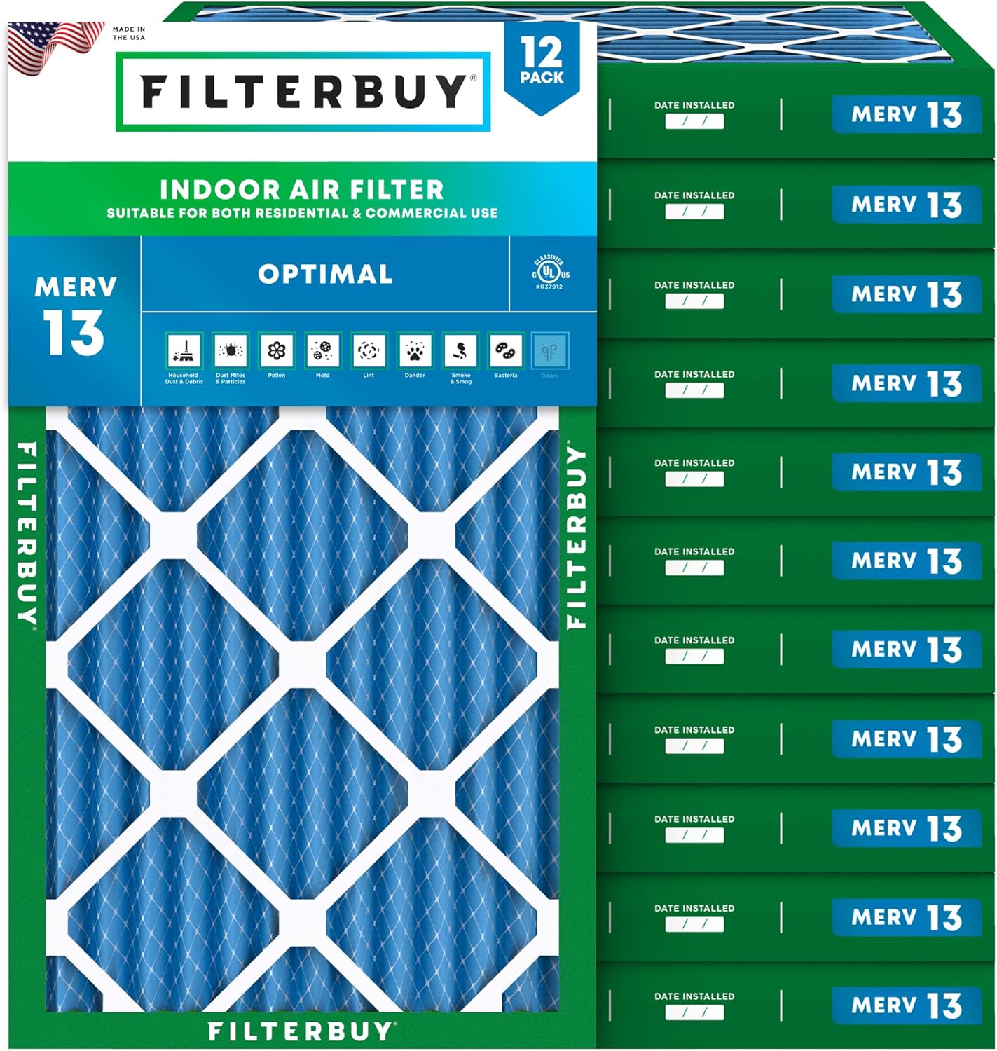 Filterbuy 15.5x24.5x2 Air Filter MERV 13 Optimal Smoke & Allergy Defense (12-Pack), Electrostatic Pleated HVAC AC Furnace Filters Replacement, Made in USA (Actual Size: 15.50 x 24.50 x 1.75)