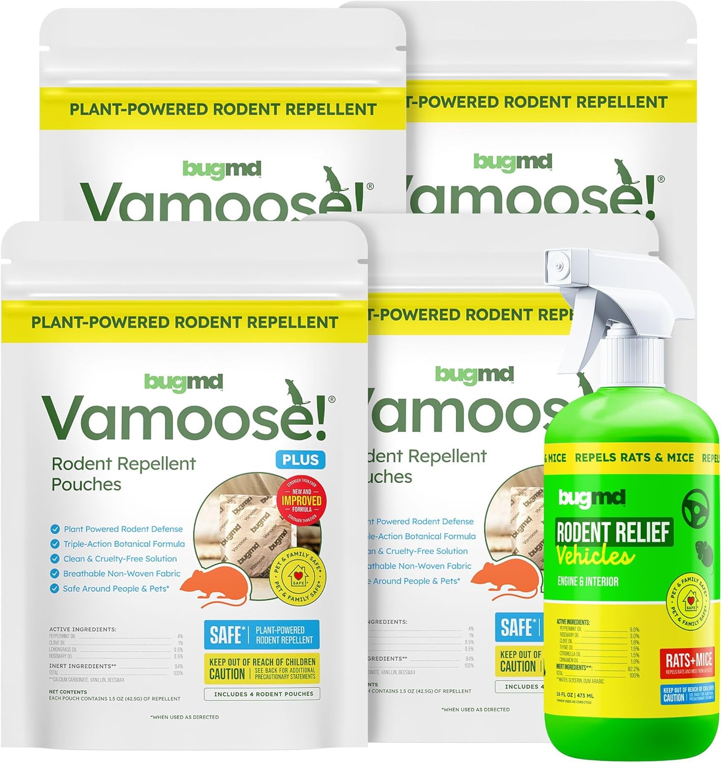 BugMD Vamoose Plus Peppermint Pouches & Car Engine Rodent Spray Bundle | Plant-Powered Mouse & Rat Repellent for Home, Garage, Car, RV & Storage | Includes 16 Scent Pouches + Peppermint Engine Spray