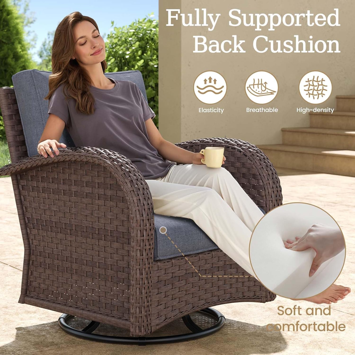 10 Pieces Wicker Patio Furniture Set with Fire Pit Table, Luxury Outdoor Conversation Set with High Back Swivel Rocker Chairs