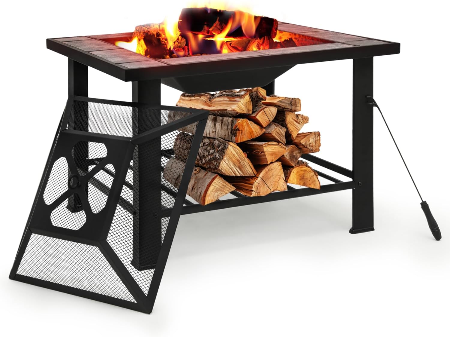 Magshion Outdoor Fire Pit Table, 30 Inch Square Firepit Table for Outside Patio with Wood Storage and Spark Screen, Square Metal Fire Pit Tables for Outside Heating, Bonfire and Picnic