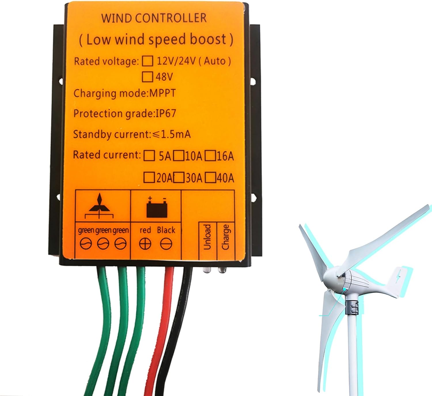 10A-40A DC 12V/24V/48V Wind Turbines Generator Charge Controller, 14000W Waterproof Battery Charge Controller Regulator