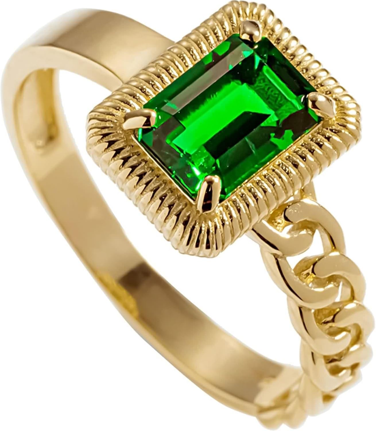 14K Yellow Gold Rings for Women, Simple Rings Tsavorite Rectangle Gold Band Birthday Gift for Her