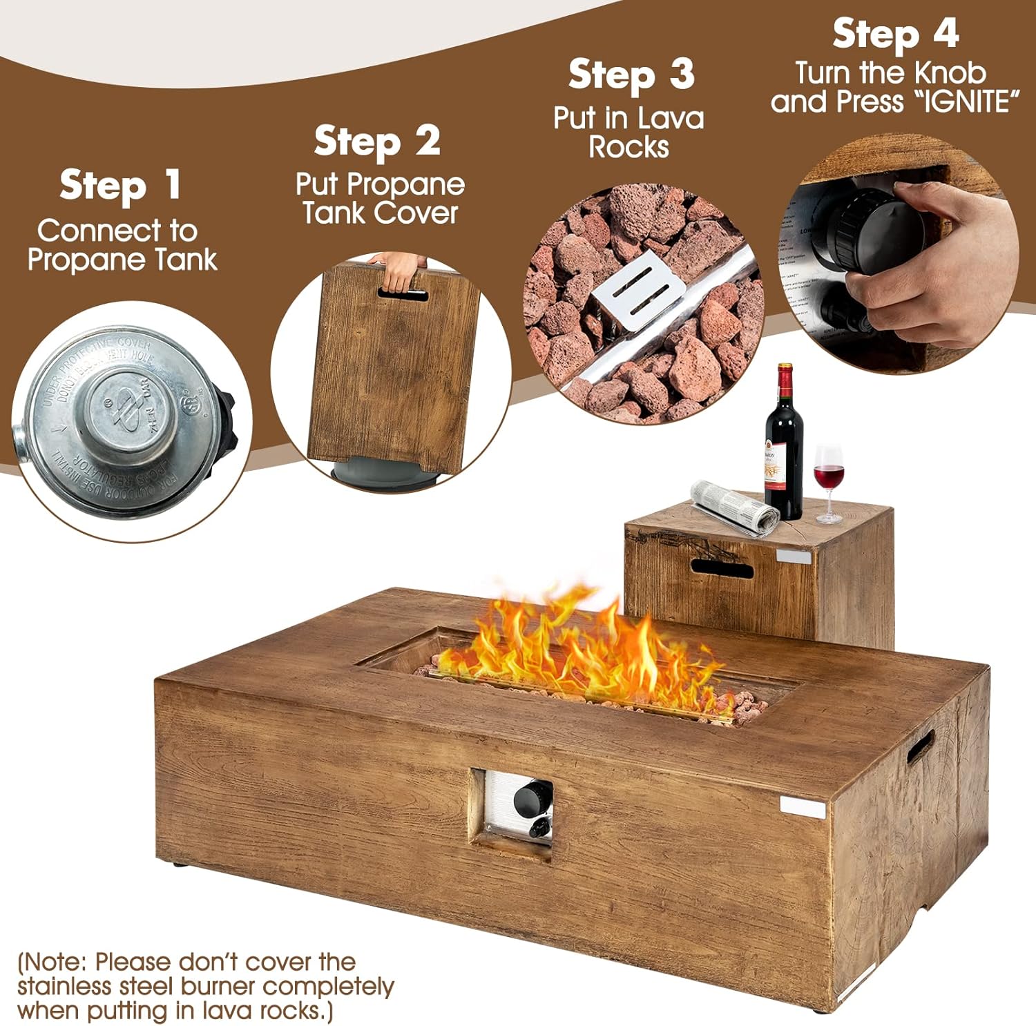 Tangkula 2 Pieces Outdoor Propane Fire Pit Table Set, Patiojoy 48 Inch Rustic 50,000 BTU Rectangular Gas Fire Pit Table with 20 lbs Tank Side Table, Lava Rocks, Cover for Patio, Garden, Yard