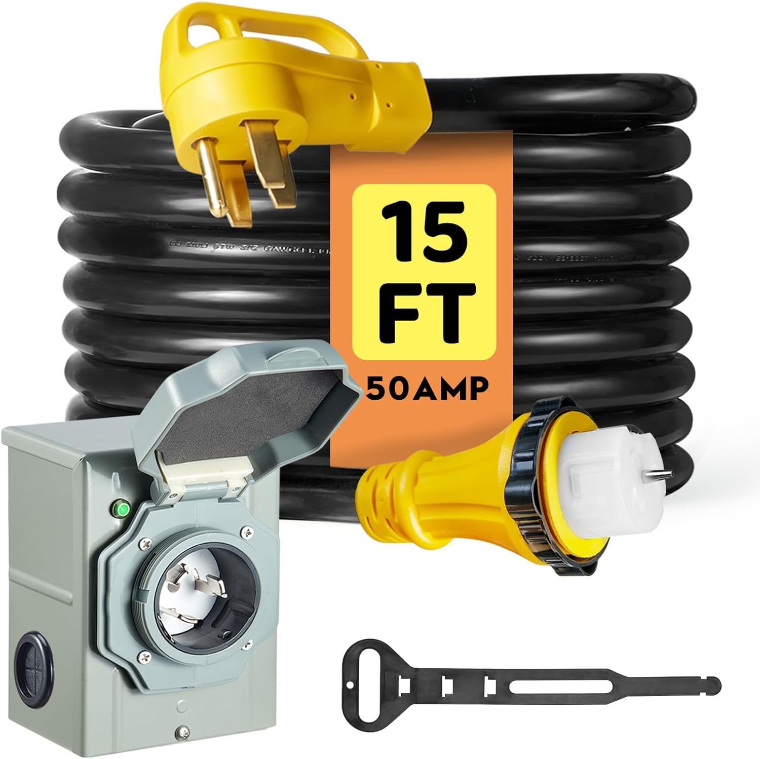 50 Amp Generator Cord 15FT and Power Inlet Box, NEMA 14-50P Male to SS2-50R 125/250V Twist Lock Connector with Pre-Drilled NEMA SS2-50P Generator Inlet Box for Generator to House