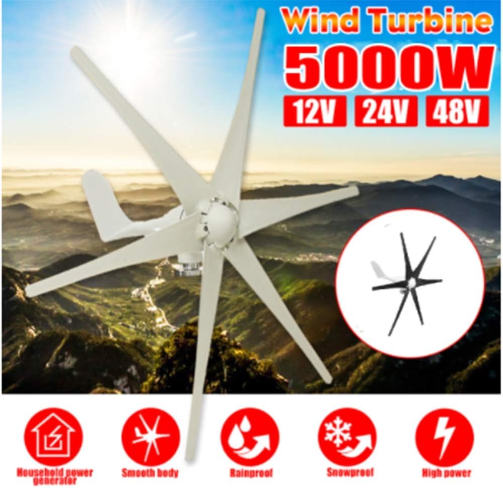 5000W Wind Generator 12V/24V/48V 6 Blade Black Wind Turbines Horizontal Home Powers Windmill Energy Turbines Charge,White,12v