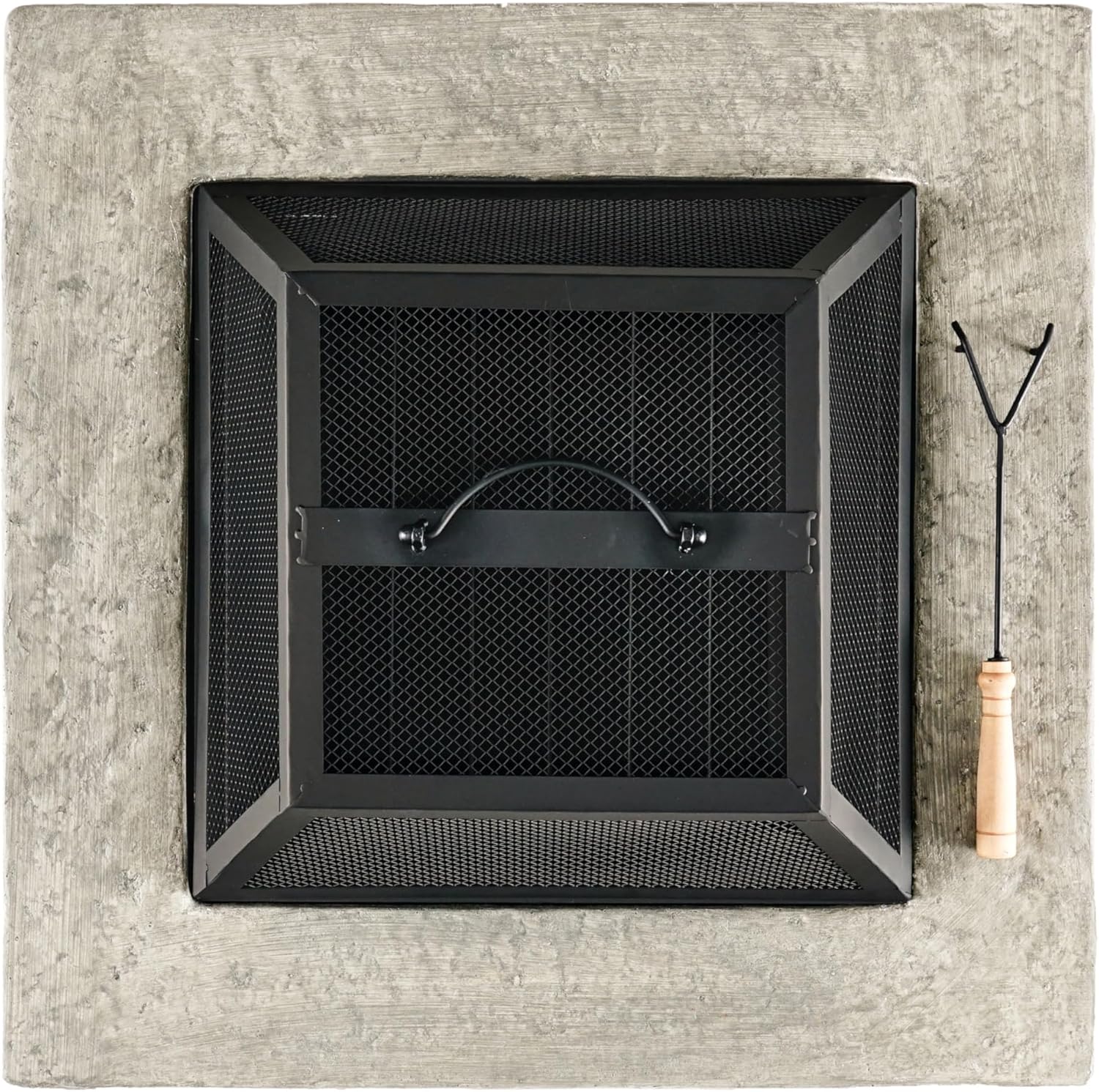 28 Inch Outdoor Wood Burning Fire Pit with Lid Natural Stone Base Heat Resistant Iron Bowl Elegant Design Complete Set Includes Mesh Cover and Poker Tool No Assembly Required for Backyard Patio Use