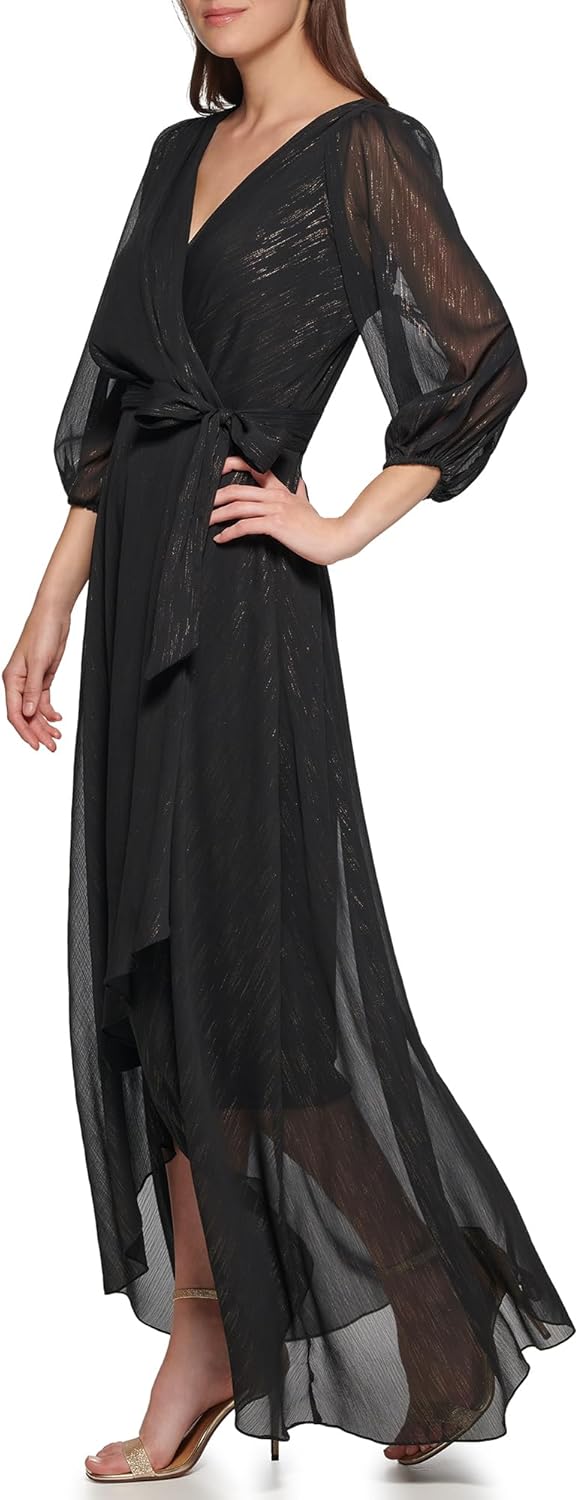 DKNY Womens Half Balloon Sleeve Faux Wrap Midi Dress