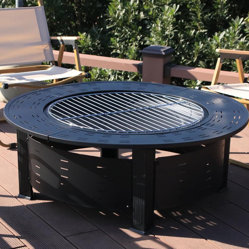 Outdoor Fire Pit Table, Black, Steel, 93.5x53cm, Round Smokeless Charcoal Grill, Portable Patio Heater with Spark Cover, Log Grate, Poker, Weather Cover