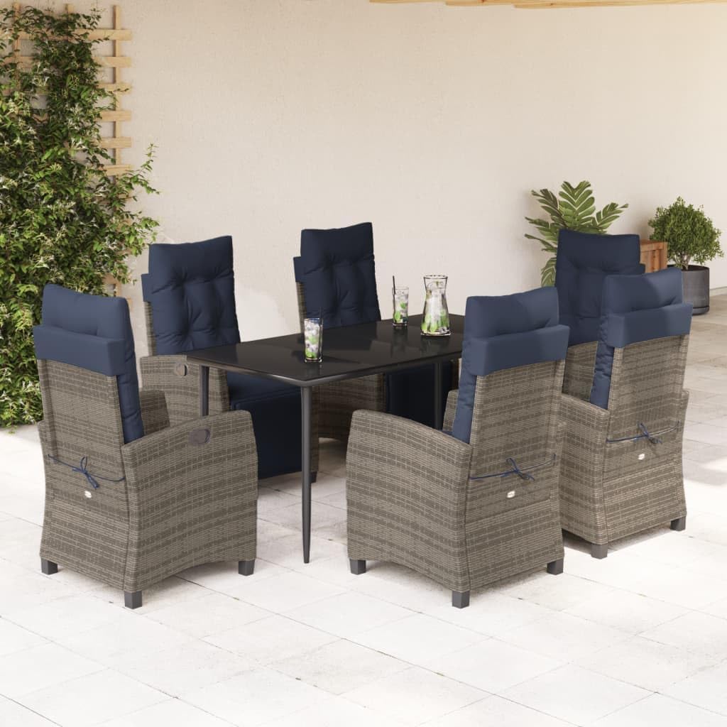 7 Piece Patio Dining Set with Cushions Gray Poly Rattan Garden Furniture