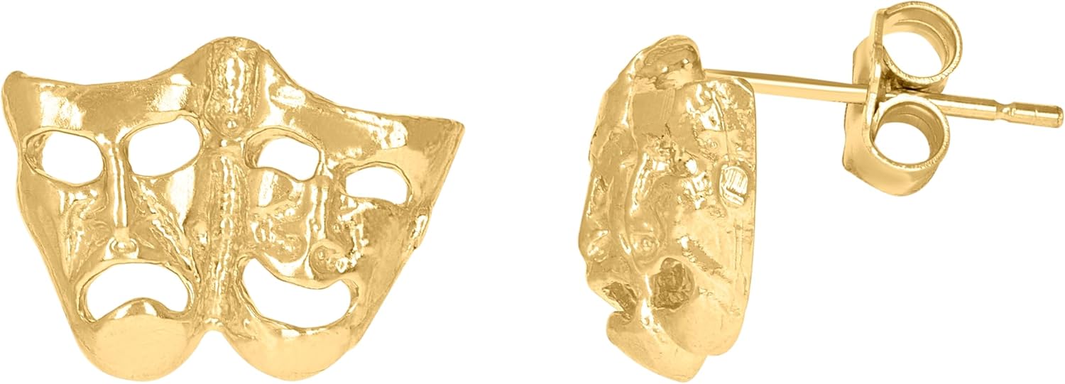 10kt Yellow Gold Mens Fashion Comedy Tragedy Mask Stud Earrings