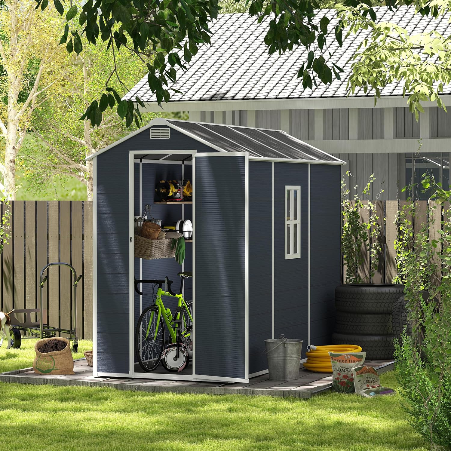 4X8 FT Resin Outdoor Storage Shed, Plastic Garden Sheds with Waterproof Roof & Air Vent,Outside Patio Storage House Tool Shed with Window &Lockable Door for Backyard, Lawn, Dark Grey