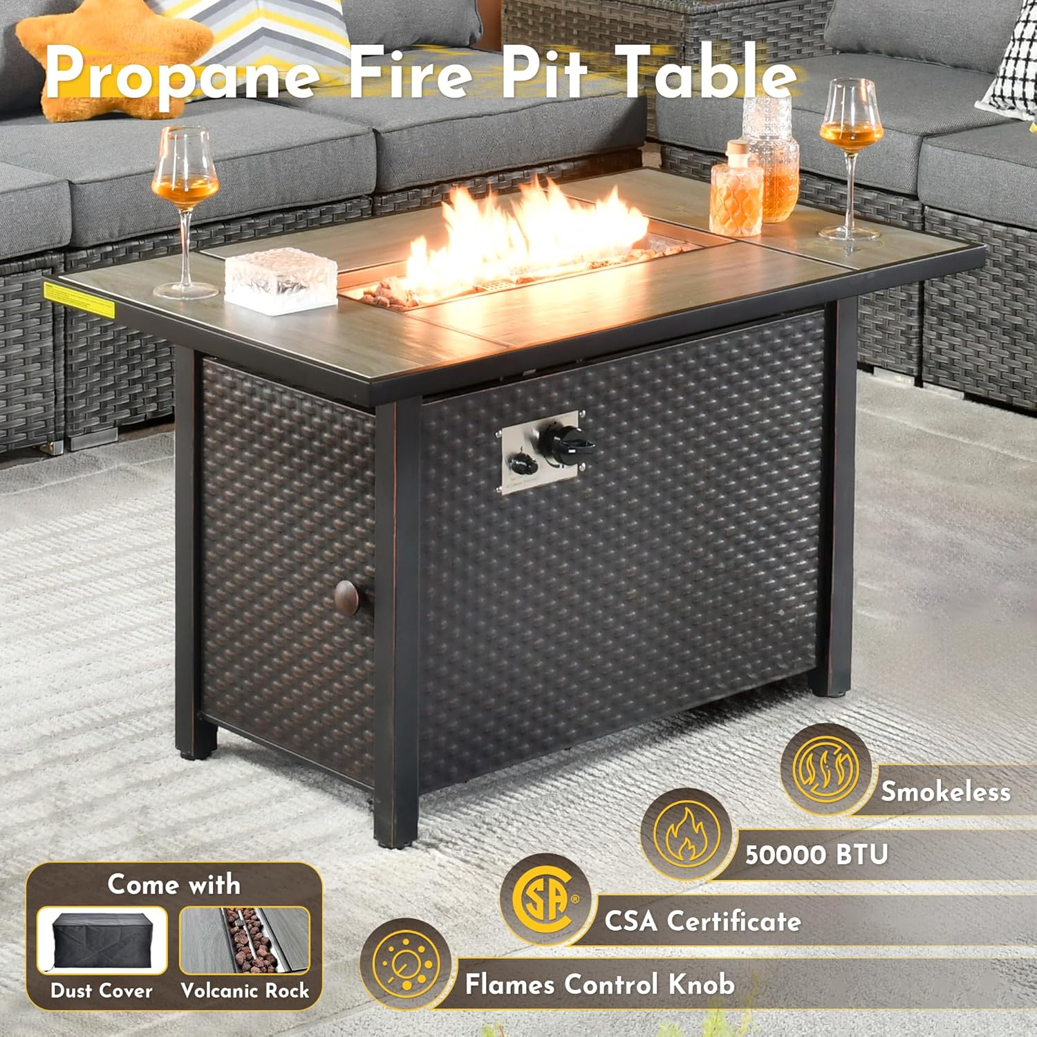 Weaxty 11 Piece Patio Furniture Set with Fire Pit Table, Outdoor Sectional Couch Swivel Rocker Patio Chairs with Coffee Table Wicker Conversation Sets for Balcony Backyard, Dark Gray