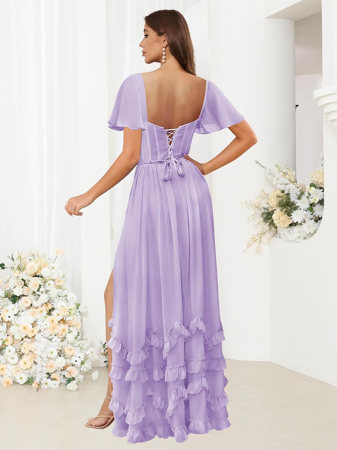 BOLENSYE Bridesmaid Dresses for Women with Sleeves A Line Tiered Chiffon Long Formal Wedding Guest Dress with Slit