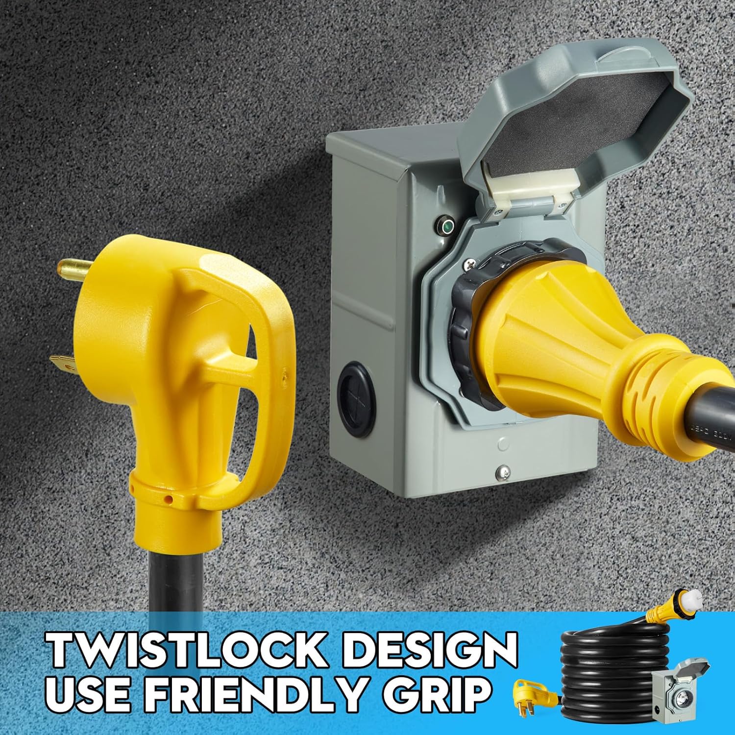 50 Amp Generator Cord 15FT and Power Inlet Box, NEMA 14-50P Male to SS2-50R 125/250V Twist Lock Connector with Pre-Drilled NEMA SS2-50P Generator Inlet Box for Generator to House