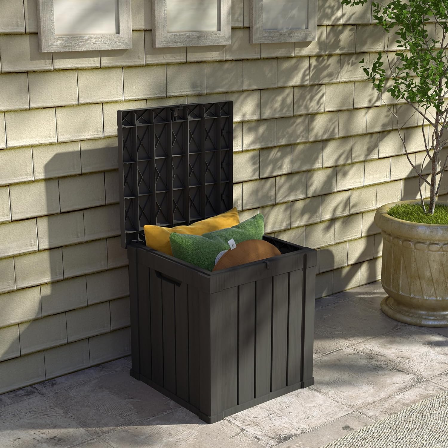 80 Gallon Outdoor Storage Box Waterproof, Resin Deck Boxes with Lockable Lid & UV-Resistant for Patio, Pool, Garden Furniture Cushions & Accessories, Black