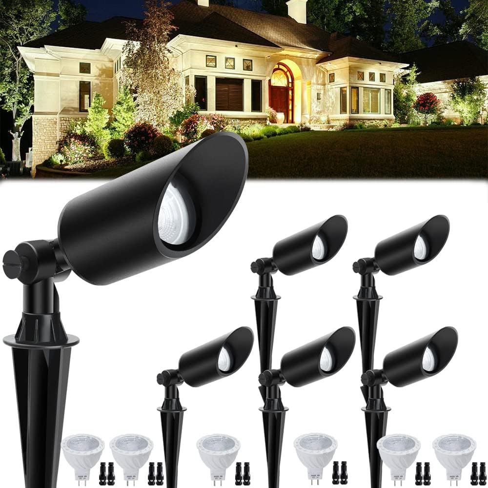 Landscape Lighting with MR16 LED Bulb 12V 6W Low Voltage Landscape Lights Waterproof for Yard Lawn Patio Garden 3000K Warm White, Cast-Aluminum LED Landscape Spotlights with ABS Ground Stake (6 Pack)