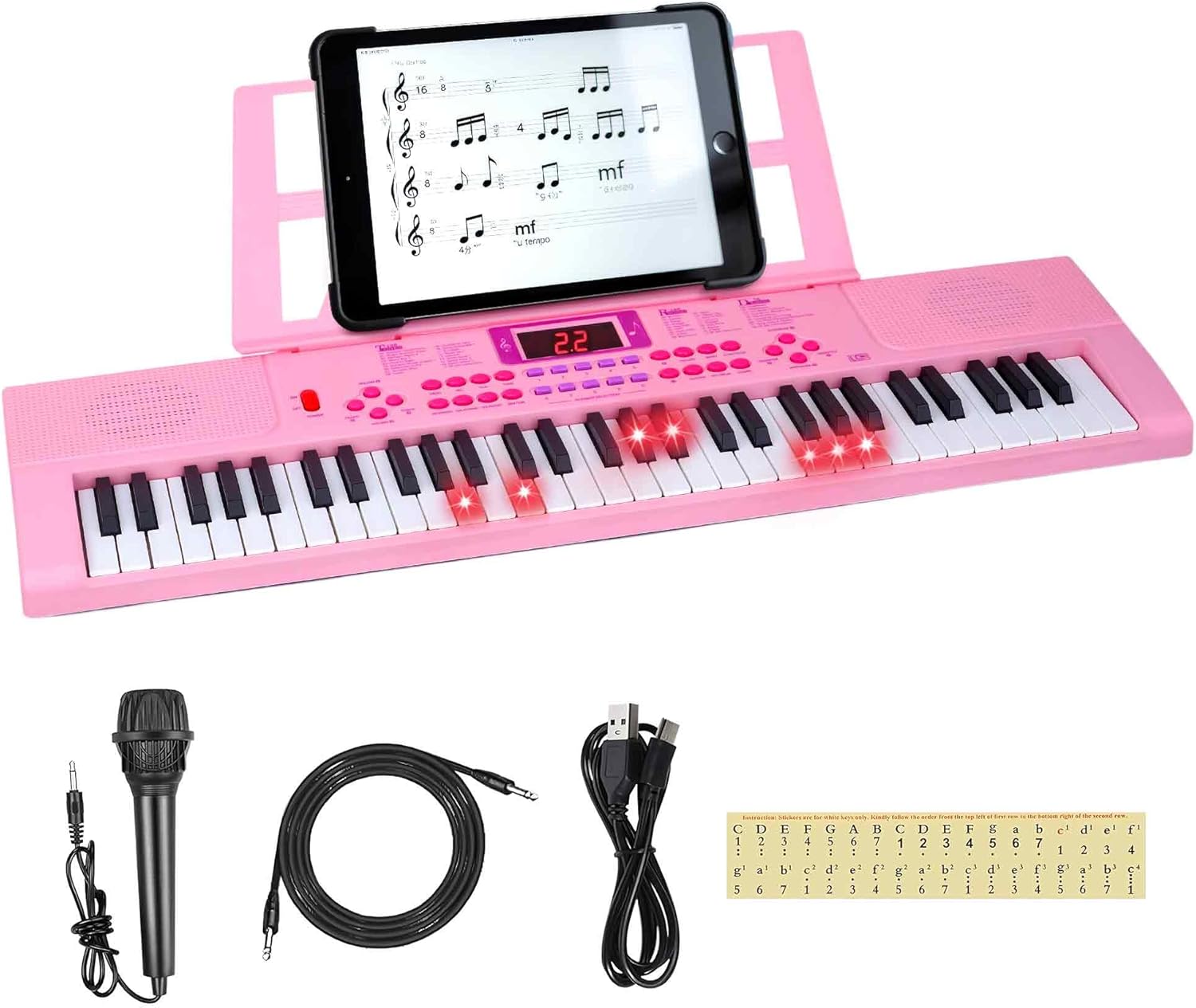 Kids Keyboard Piano, 61 Light-up Key Electric Piano Musical Learning Toy for Beginners with Microphone, Music Stand, Notekey Sticker, Birthday Xmas Gift for 3-10 Years Old, Pink