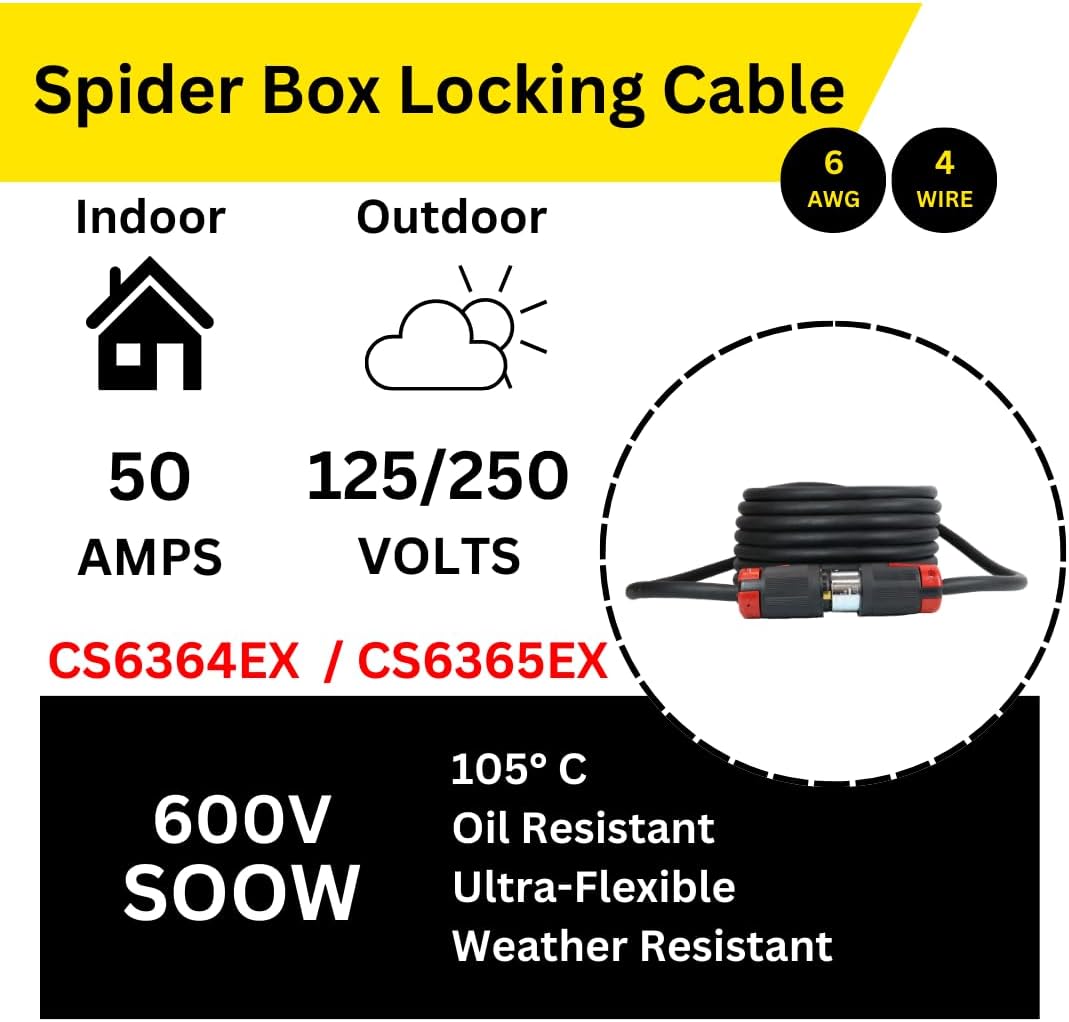 Spider Box Twist-Lock Generator Power Extension Cord, 50 Amp, 125/250V, SOOW Cable Type, Gauge 6/4, Professional-Grade Outdoor California Standard locking extensions, 100' Long, Black