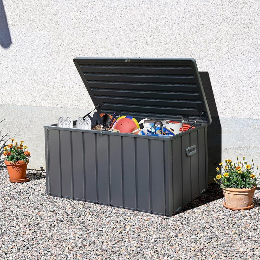 120 Gallon Outdoor Storage Deck Box, Large Patio Storage Bin for Outside Cushions, Throw Pillows, Garden Tools, Lockable (Dark Gray)
