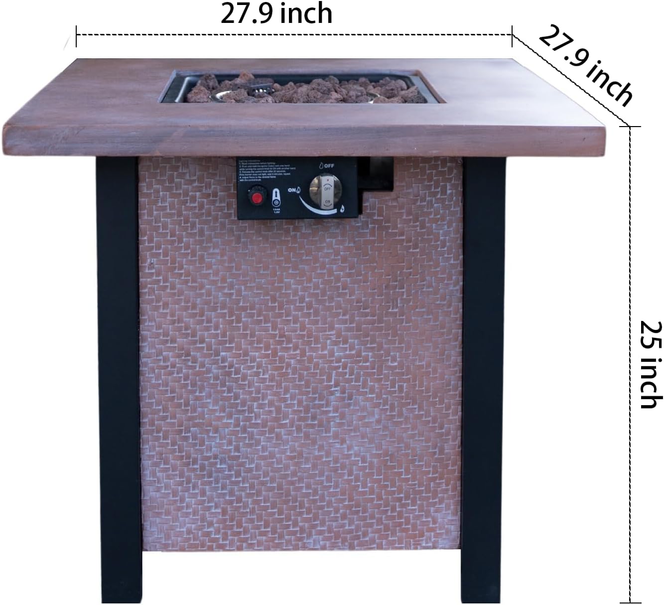 25 inch Propane Fire Pit Table, 50,000 BTU Square Table Top Firepit with Cover, Outdoor Heater, Fiberglass and Iron Construction, Rattan Weave Style, Stainless Steel Burner for Garden and Backyard