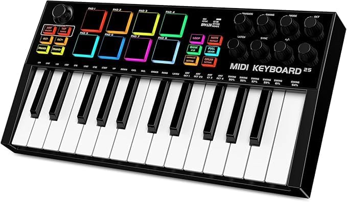 TERENCE MIDI Controller Keyboard Professional 25 Keys MIDI keyboard Piano 500mAh Battery 8 RGB Pads 360° Endless Knob 8 Assignable Knobs OLED Display for Multiple DAWs and Devices