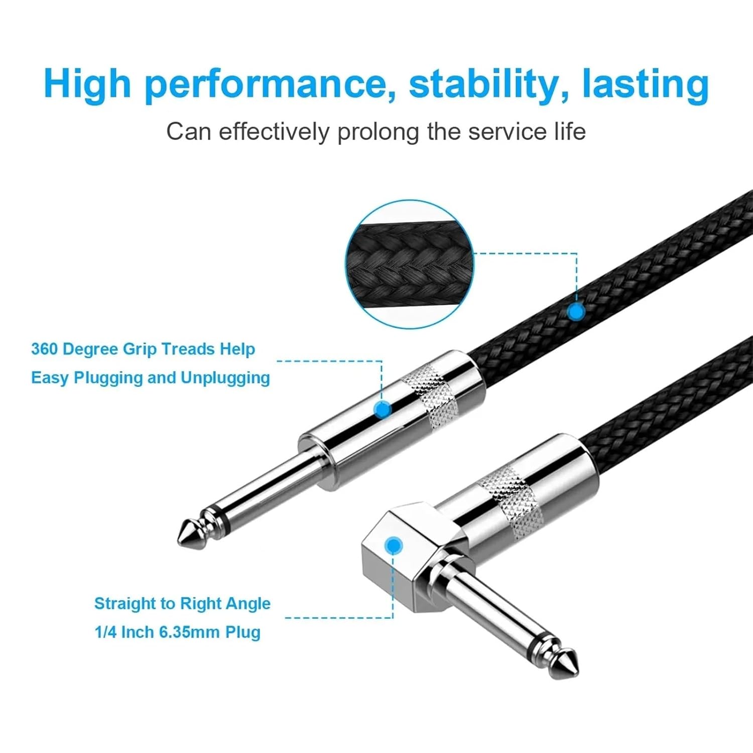 1/4 Inch Right Angled to Straight Guitar Cable TS 6.35mm Male Instrument Mono 6.5mm Cord for Electric Guitar Mandolin Pro Audio(6.5 TS,2m)