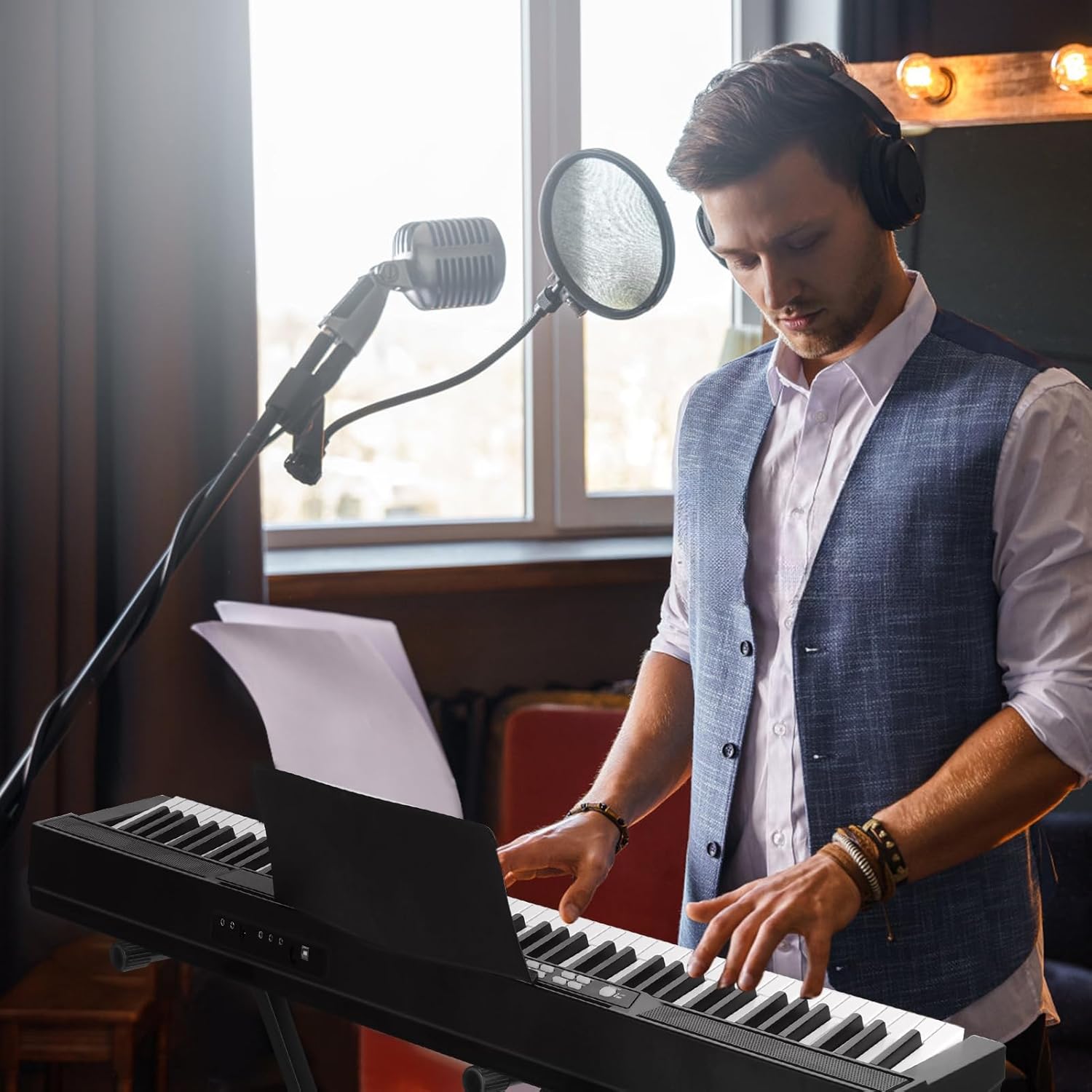 88 Key Full Size Digital Piano, Electric Keyboard Piano Set with Semi-Weighted Keys, Sustain Pedal, Power Supply, Stand, Carrying Case, Headphone, for Beginners with Stand Black