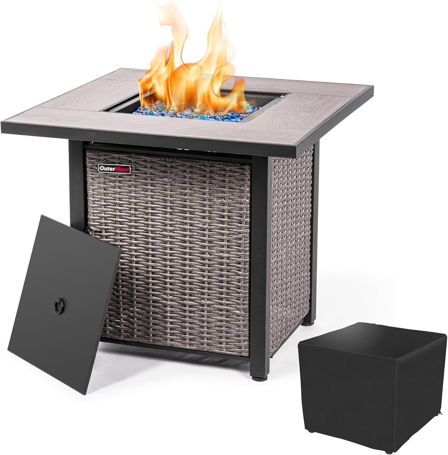 30 Inch Propane Fire Pit Table with Cover, 50,000 BTU Electronic-Ignition Rattan Patio Gas Fire Pit with Lid & Glass Bead, Outdoor Fireplace for Dining or Party, Gray