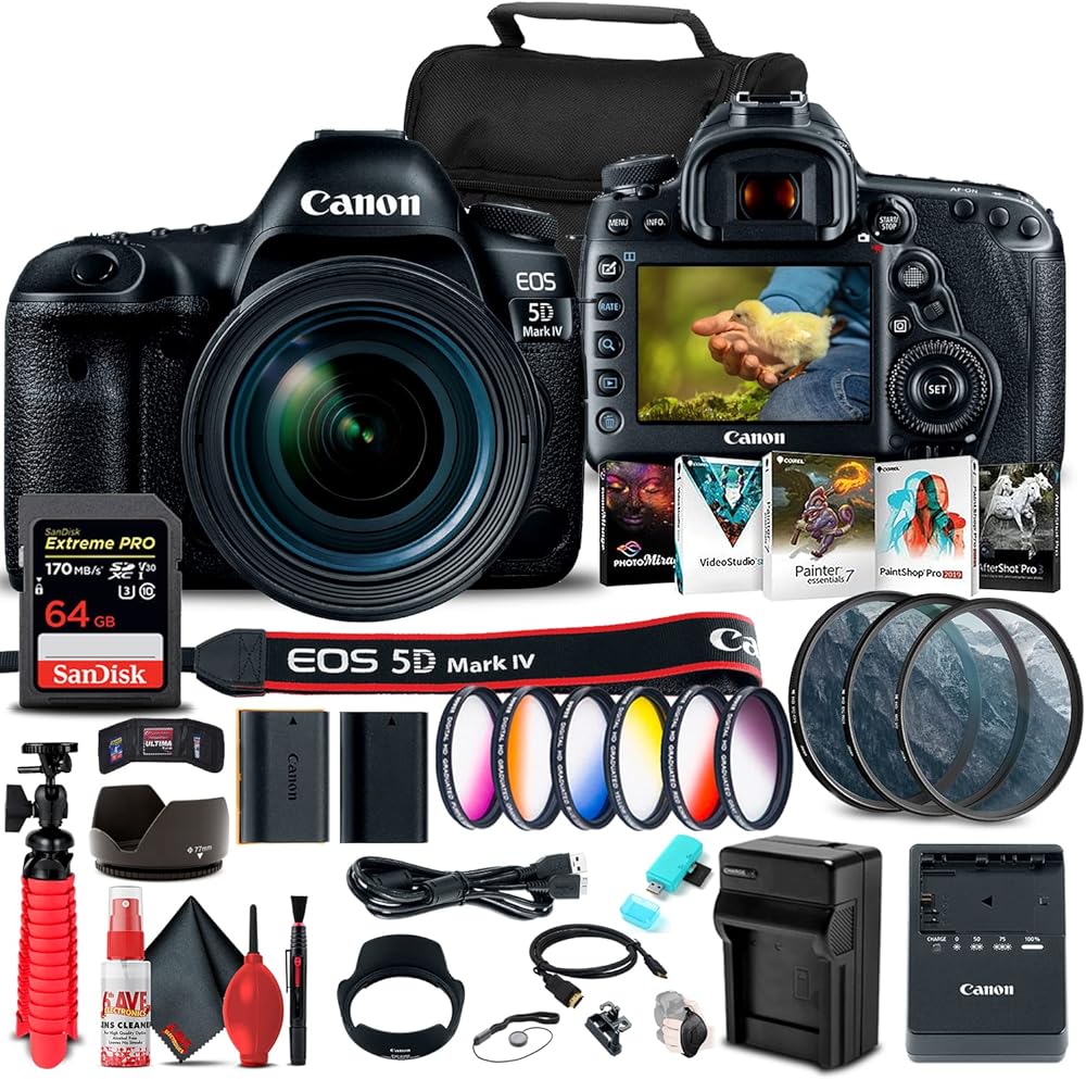 Canon EOS 5D Mark IV DSLR Camera with 24-70mm f/4L Lens (1483C018) + 64GB Memory Card + Color Filter Kit + Filter Kit + LPE6 Battery + Charger + Card Reader + Corel Photo Software + More (Renewed)