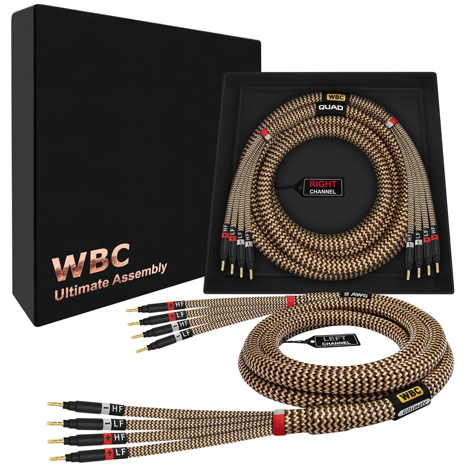 WORLDS BEST CABLES 12 Foot Ultimate - 12 AWG - Ultra-Pure OFC - Premium Audiophile HiFi Bi-Amp Speaker Cable Pair with Eminence Gold Banana Plugs & TnBrwn Tweed Jacket