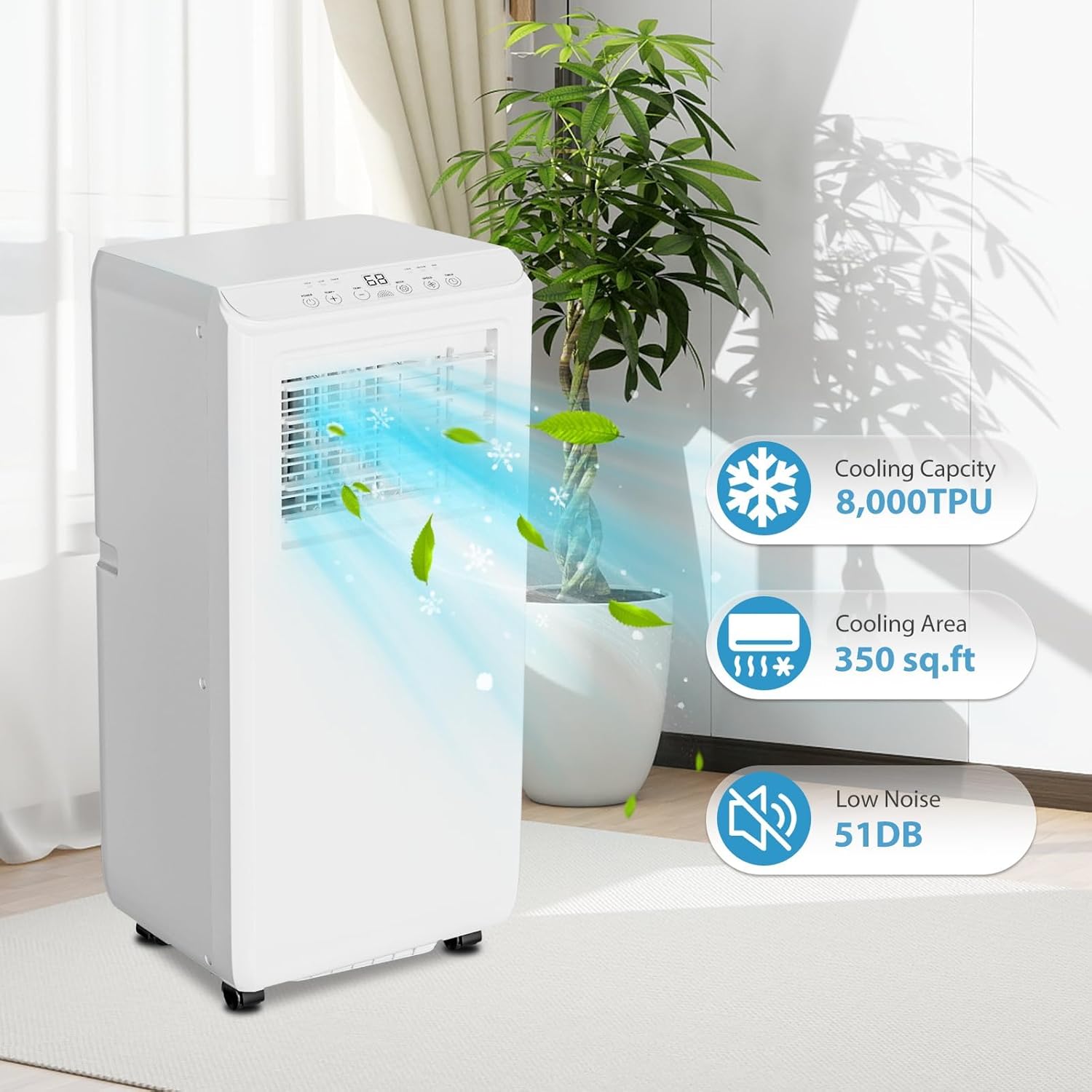 Portable Air Conditioner, 8000BTU Portable Air Conditioners for Room Cooling Up to 350 Sq. Ft, 3-in-1 Remote Control AC with 24-Hour Timer and Window Kit, for Home, Office, Bedroom, White