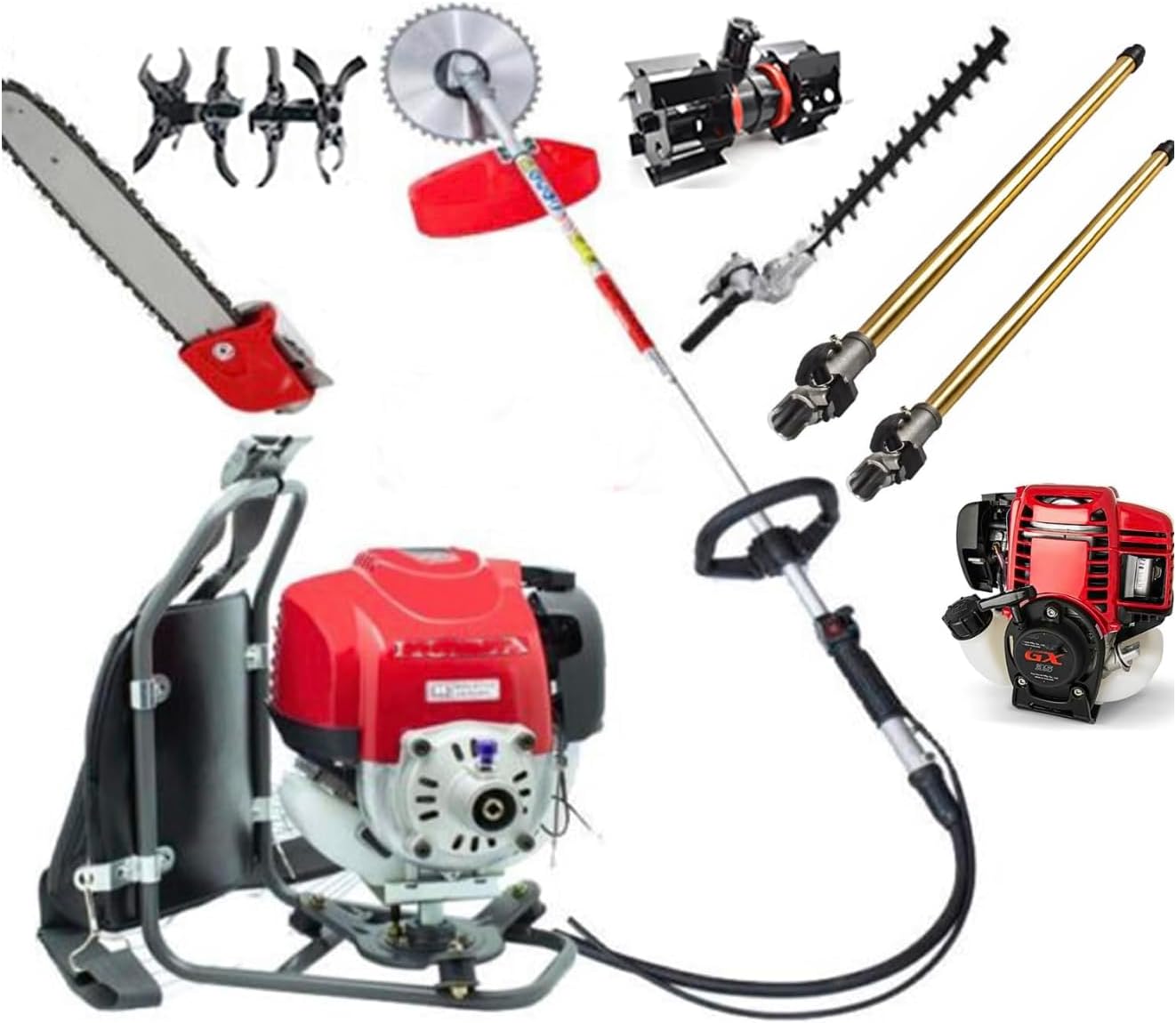 GX35 4 Stroke 5 in 1 Brush Cutter Gas weedeater Hedge Trimmer Edger Pruning rototiller Cultivator +2 Extension Poles