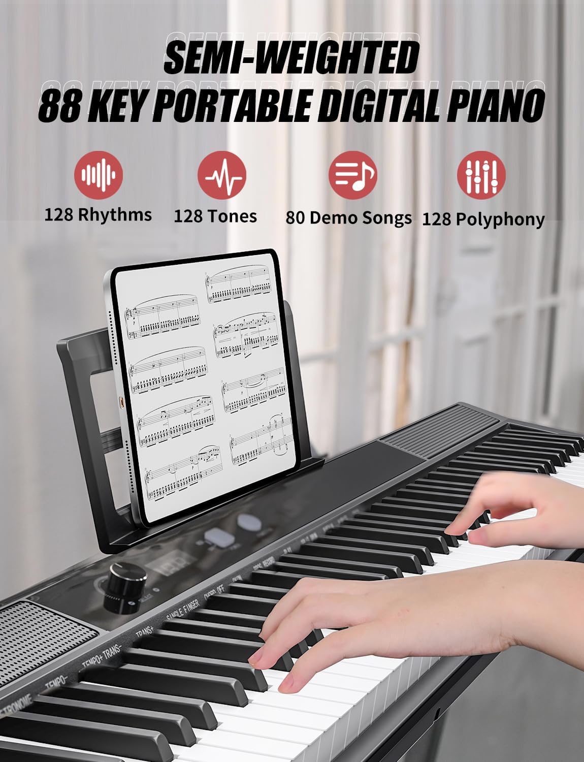 88 Key Semi-weighted Electronic Keyboard Piano,Full Size Digital Piano Portable Keyboard with Stand, Sustain Pedal, Power Supply，MIDI/USB/MP3 Function for Beginners at Home/Stage（Black）
