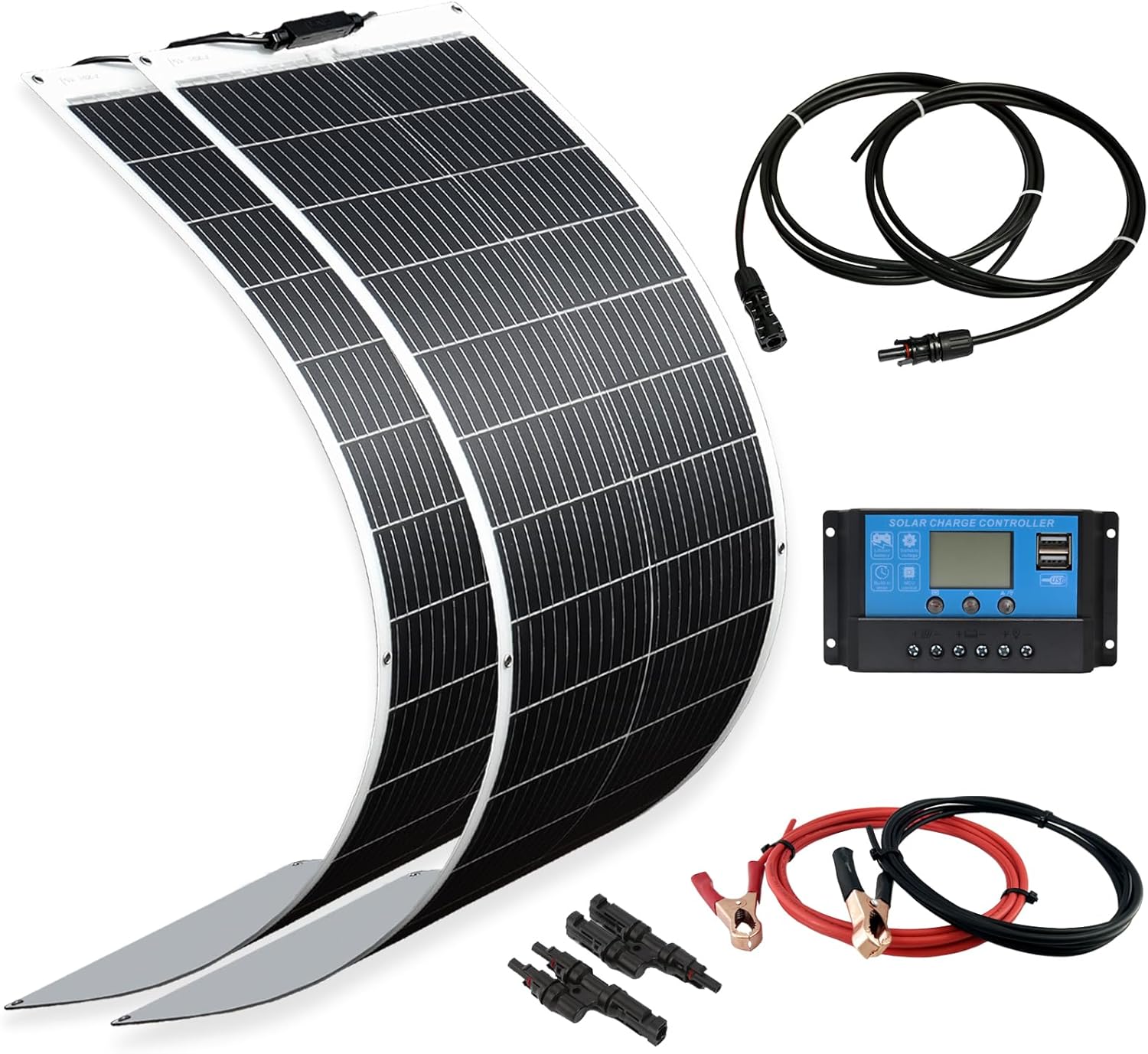 XINPUGUANG Solar Panel 200W 12V Flexible System Kit,2X100W Monocrystalline Fiberglass Module 20A Controller Extension Cable for Off Grid Home,RV,Caravan,Boat and Other Battery Charger（200W