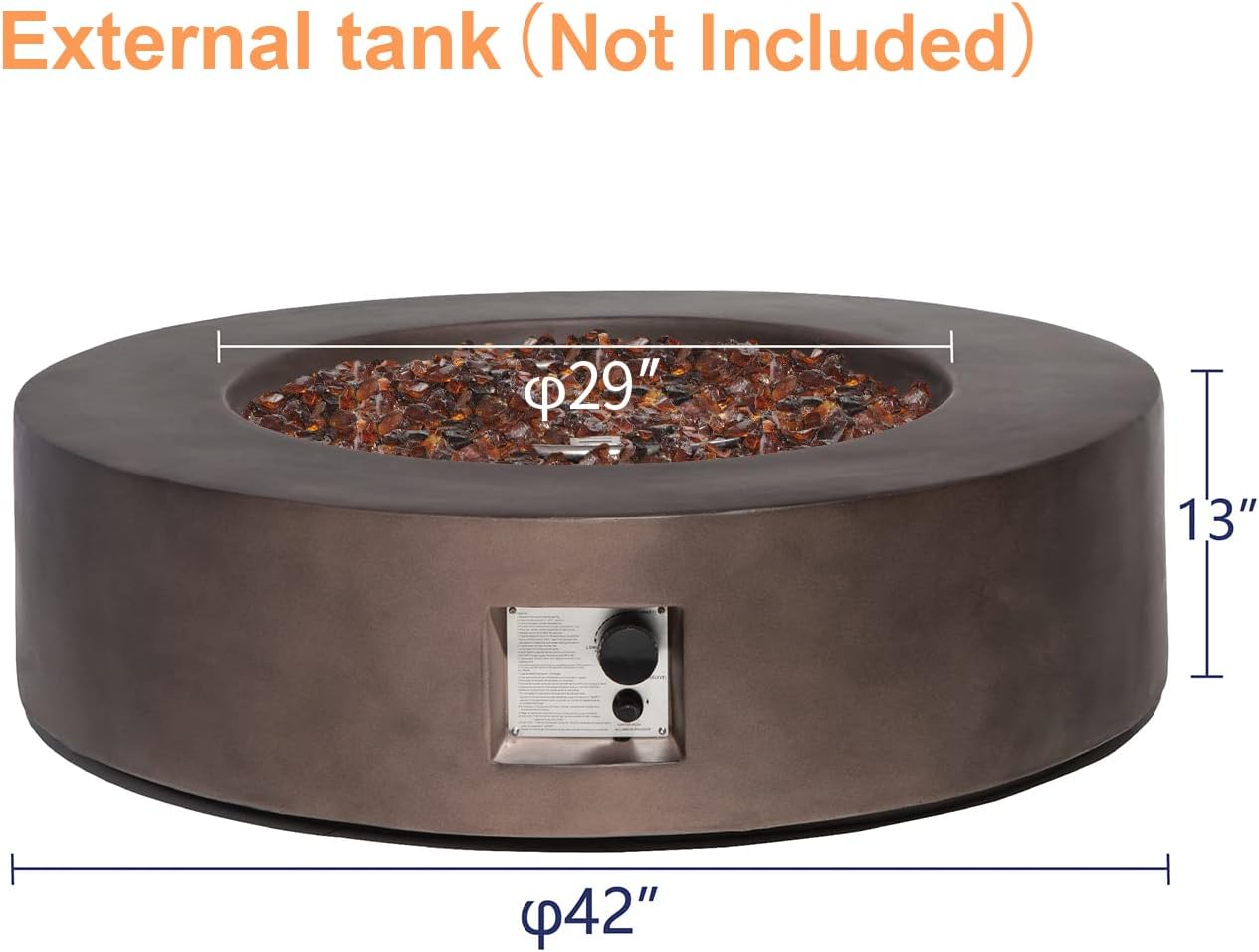 SUNBURY Outdoor Propane Fire Pit 42 Inch Round Fire Pit Table, 50,000 BTU Dark Brown Propane Gas Fire Pit for Outside w Brown Fire Glass & Glass Wind Guard