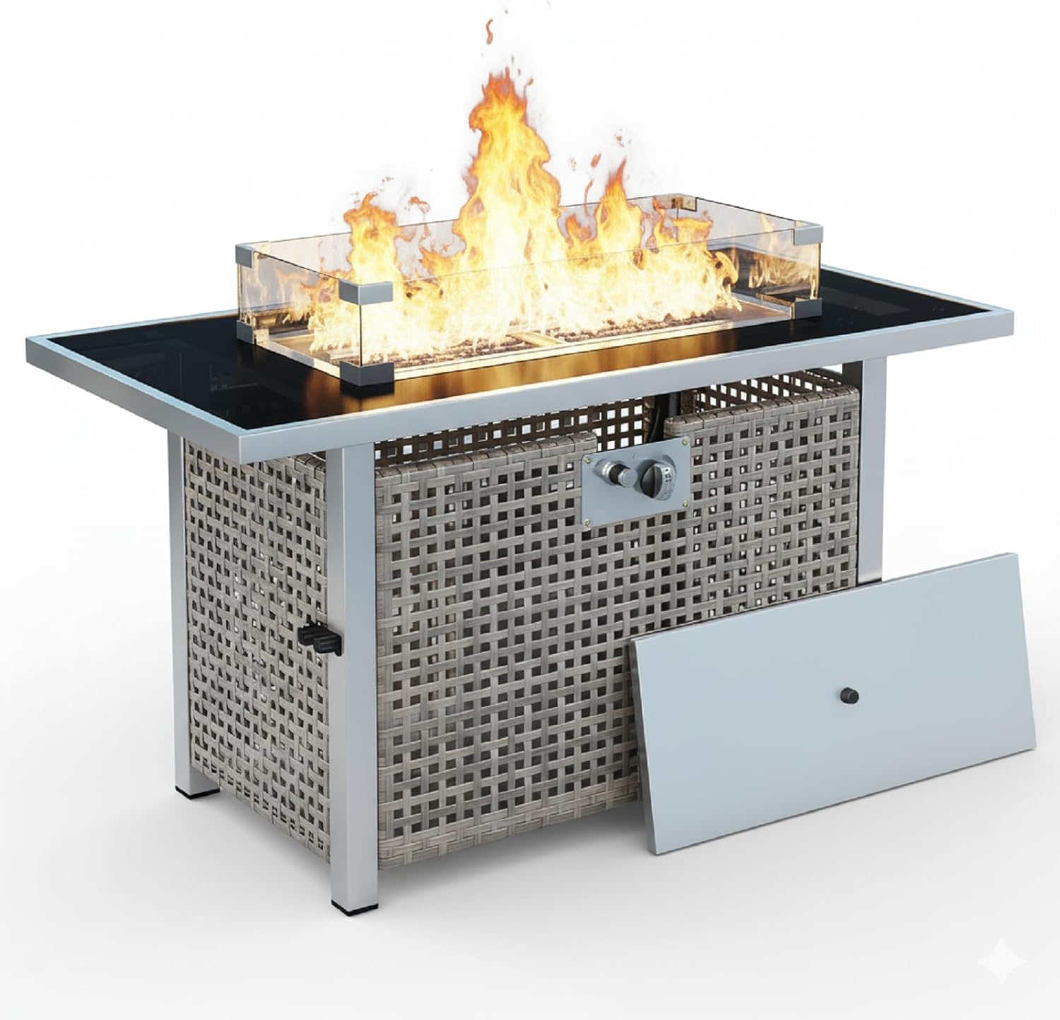 43 Inch Propane Fire Pit Table with Glass Wind Guard, 60,000 BTU Outdoor Rectangular Wicker Fire Pit for Patio, Grey Weave Design Fire Pit Table for Backyard Garden Deck, Not Included Propane & Cover